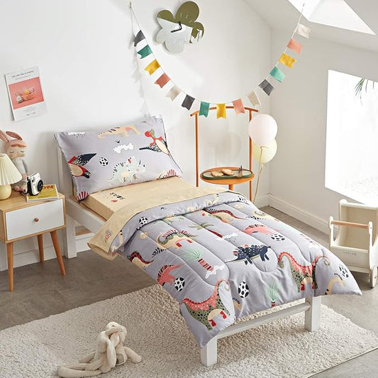 UOZZI BEDDING 4 Piece Gray Dinosaurs Toddler Bedding Set with Colorful Dinos Boys Bed Comforter Sheet Set