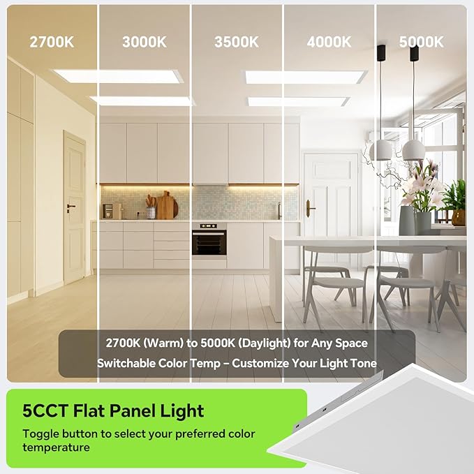 2x2 LED Light Flat Panel, 40/35/30/25/20W, 5 Color Temps 2.7K/3K/3.5K/4K/5K, Dimmable (0-10V) Recessed Ceiling Lights, 5200 LM, Fixture Flush Mount Ceiling for Office Kitchen Garage ETL-1Pack