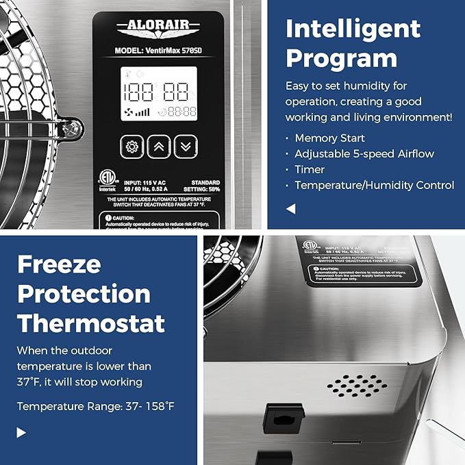 ALORAIR 570 CFM Crawl Space Ventilator Fan with Digital control, IP55 Rated Stainless Steel Exhaust Fan with Temperature Humidity Controller, Timing Cycle, Speed Control for Basement, Garage, Attic