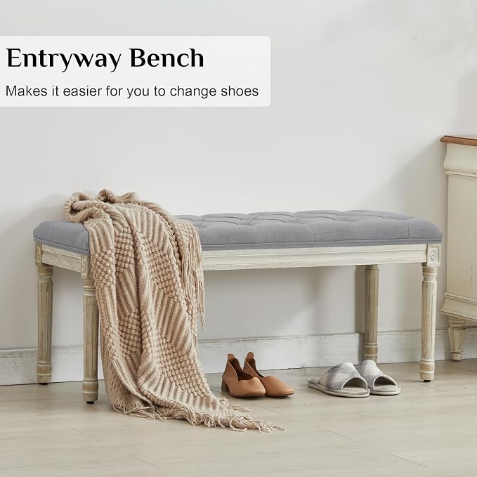LOULENS 43.9" Linen End of Bed Bench, Vintage Bedroom Bench, Light Grey | French - Image 8