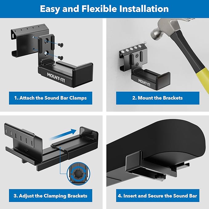Mount-It! No Stud Sound Bar Wall Mount, Studless Soundbar Mounting Brackets for Drywall, Adjustable Depth Works with All Soundbars up to 6.1 inch Depth