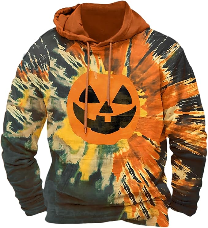 Halloween Hoodie Men Graphic Pumpkin Ghost Printed Sweatshirt Casual Trendy Long Sleeve Halloween Hooded Tops with Pockets