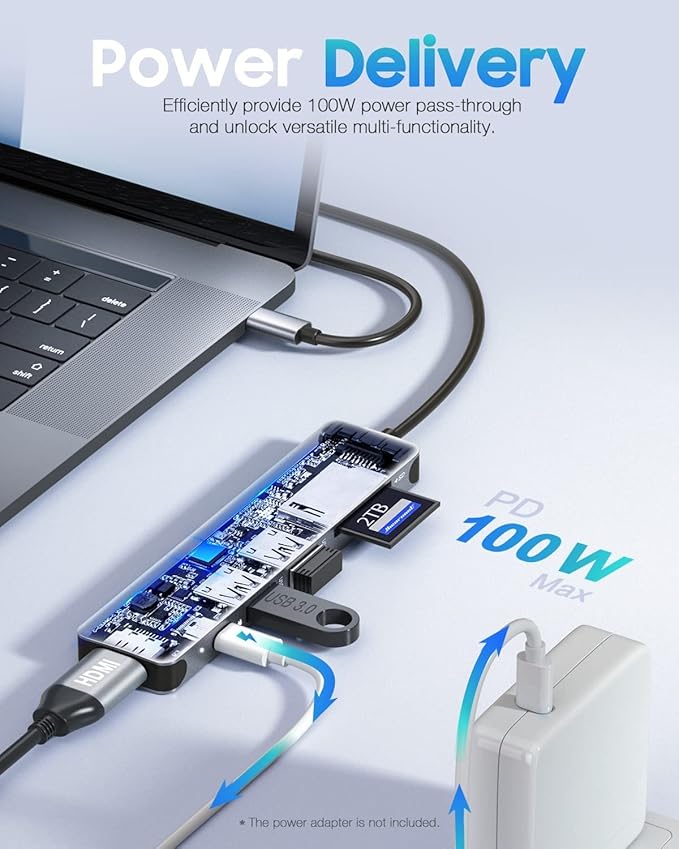 Hiearcool USB C Hub for MacBook – 7-in-1 USBC Adapter with 4K HDMI, 100W PD, USB 3.0 5Gbps Ports, SD/TF Card Reader – USB-C Dongle for Office, Meetings, Travel & Home Setup-Space Grey