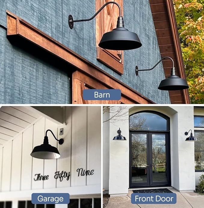 Steel Lighting Co. Large Outdoor Barn Light | Gooseneck Light Fixture | Made in America from 18-Gauge Steel | 20" Dome | 16" Gooseneck Cream Exterior/Brass Interior