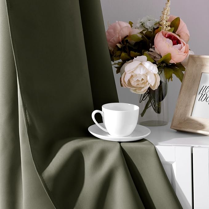 HOMEIDEAS Olive Green Blackout Curtains Bedroom 52X84 2 Panels | Room Darkening - Image 5