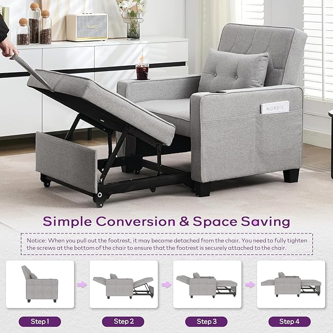 Convertible Sleeper Chair Bed for Adult, Single Pull Out Sofa, USB & Type-C - Image 5