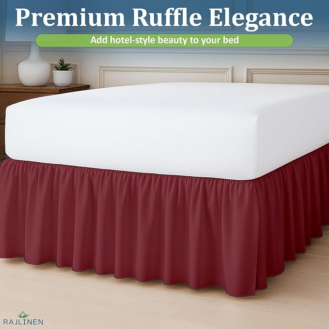 Rajlinen Ruffled Bed Skirt California King, 15 Inch Drop Dust Ruffle with Split Corners, 100% Microfiber Bedskirt with Platform, Three-Sided Coverage Ruffled Gathering Design, Burgundy