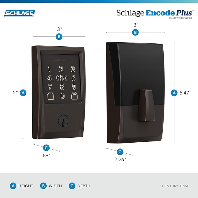 Schlage BE499WB CEN 716 Encode Plus WiFi Deadbolt Smart Lock, Keyless Entry Touchscreen Door Lock with Century Trim, Aged Bronze