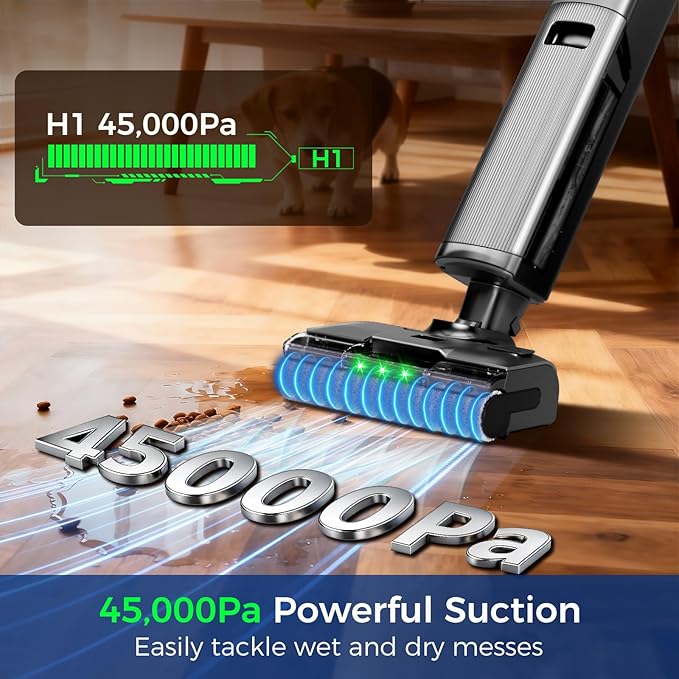 Wet Dry Vacuum Cleaner,Cordless Vacuum Mop Combo with Self-Cleaning,All in one Floor Cleaner Machine for Hard Floor,45kPa Suction 75 Mins Runtime Anti-Tangle,LED Light,180° Lay-Flat,Self Propelled