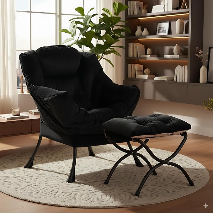 Lazy Chair with Ottoman, Comfy Accent Reading Chair, Velvet Black | Foldable - Image 2