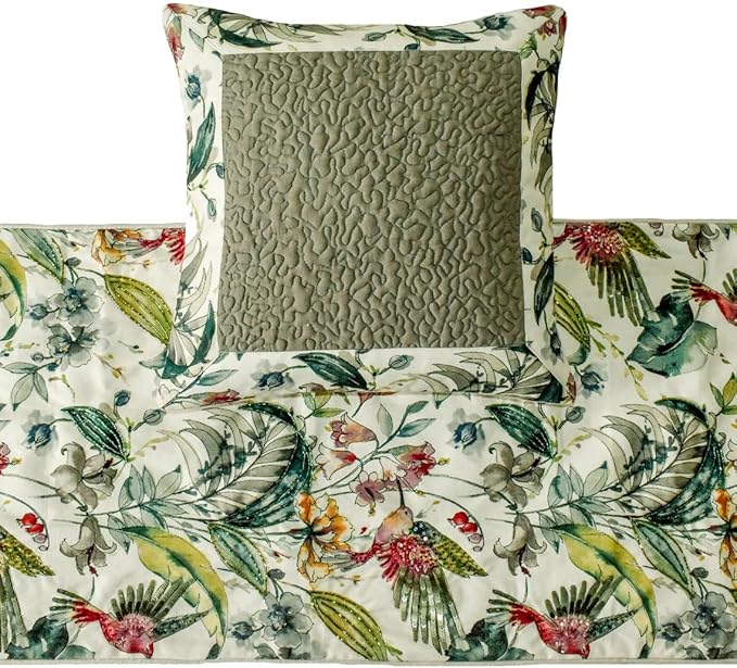 The HomeCentric King Queen Twin Ivory & Multi Designer Queen 74"x18" Bed Runner with 2 Pillow Cover, Bird, Sequins & Beaded Bed Scarf on Cotton Fabric - Exotic Birds