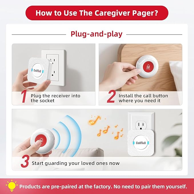CallToU Caregiver Pager Wireless Call Button Nurse Alert System 500+ Feet for Home/Elderly/Patient/Disabled 2 Plugin Receiver 2 Waterproof Transmitter 2 Watches Transmitter