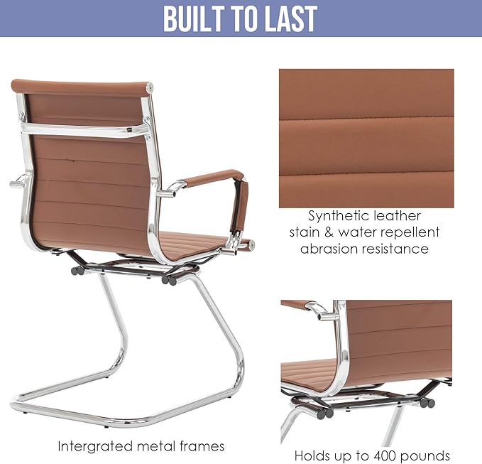 Wahson Office Guest Chairs Set of 4, Leather Reception Chairs, Mid Back Waiting Room Chair, Conference Chairs with Sled Base, Desk Chair No Wheels for Meeting/Lobby/Restroom, Coffee