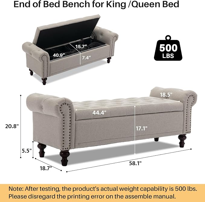 SOFTHION 58.1" Storage Bench for Bedroom, Linen Upholstered, Light Brown | End - Image 2