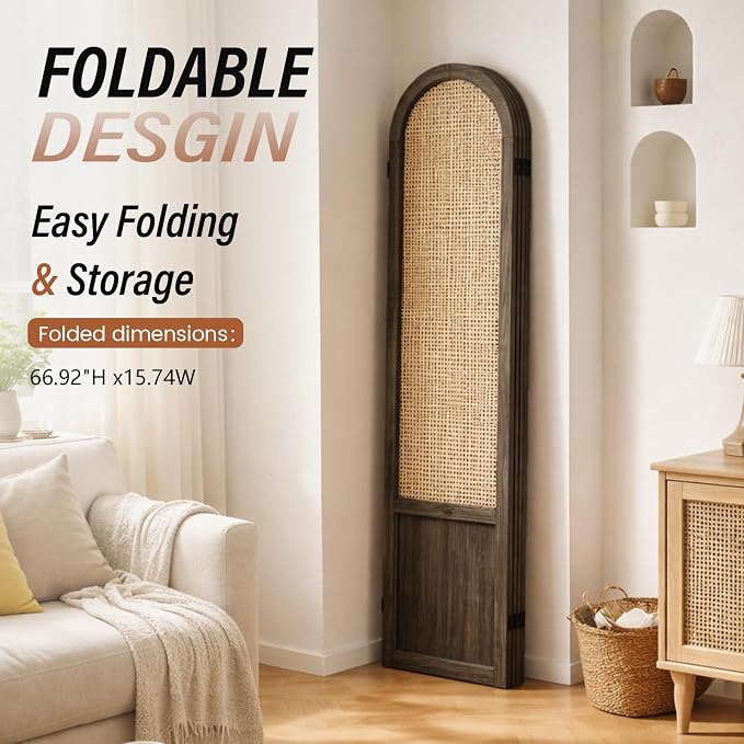 4 Panel Rattan Room Divider Screen, Boho Folding Privacy Screen | Decorative - Image 5