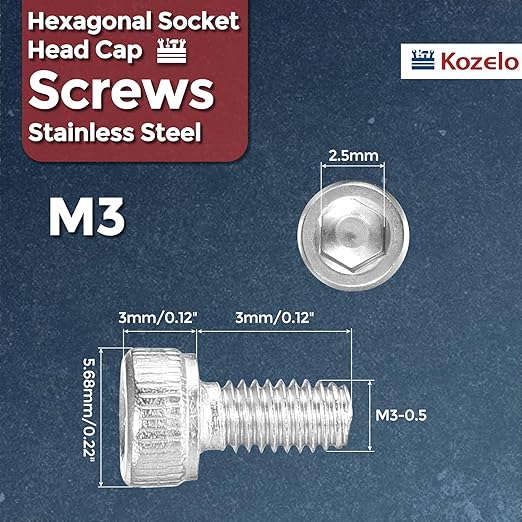 Kozelo 50pcs Socket Head Cap Screws - [M3-0.5 x 3mm] 304 Stainless Steel Allen Socket Drive for Electrical Motor 3D Printing Fan Engine Replacement Use, Silver