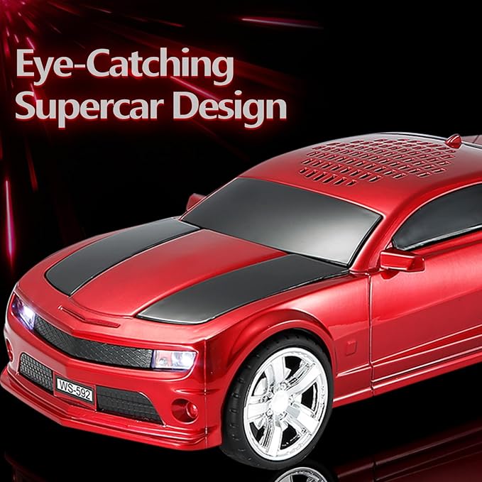 WSTER Sports Car Model Bluetooth Speaker with Stereo Sound, TWS Pairing, LED Party Lights, USB/TF Playback, Movable Wheels, Unique Retro Car Gifts (RED)