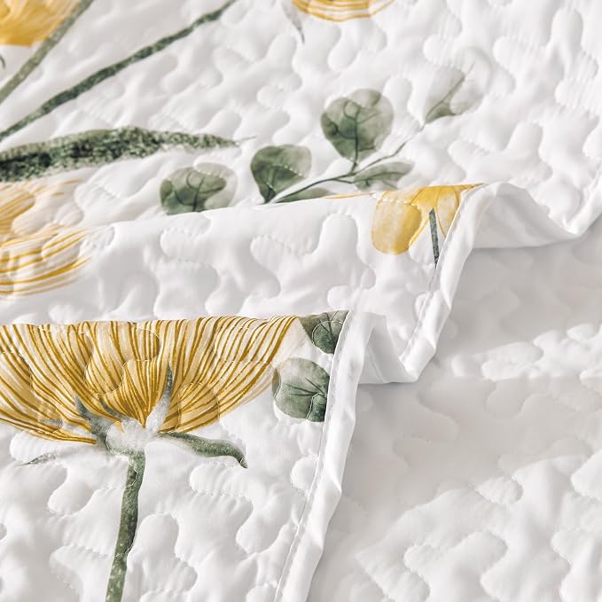 Dinjoy Quilt Set Full Size Yellow, 3 Pieces Floral Parrten Bedspreads | Soft - Image 5