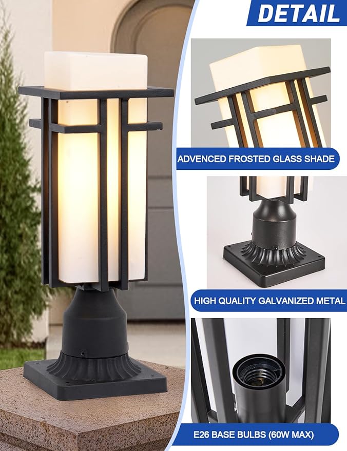 EERU Outdoor Post Lights Waterproof Metal Frame with Milk White Frosted Glass Pier Mount Outdoor Lighting Fixtures(with 3-Inch Pier Mount Base) Pillar Light Post Lantern for Garden Backyard and Porch