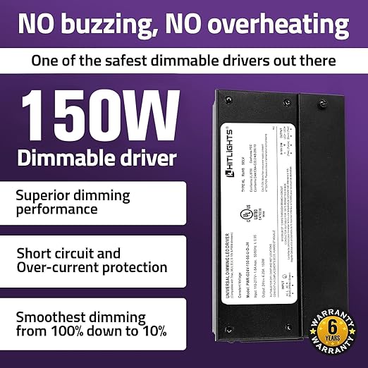 HitLights 150W Dimmable LED Driver, Electronic Transformer, 120V AC to 24V DC Power Supply for LED Strip Light, IP66 Rated, Dimming with TRIAC, 0-10V, 1-10V, Potentiometer, 10V PWM, UL Listed, Class 2