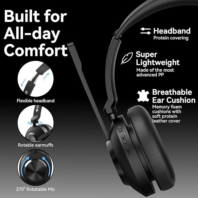 Wireless Headset with Mic, Wireless Work Headset with Mic Noise Cancelling & Mute Button (with Bluetooth V5.3, USB Dongle) for PC Computer Laptop Cell Phones Remote Work Home Office Call Center Zoom