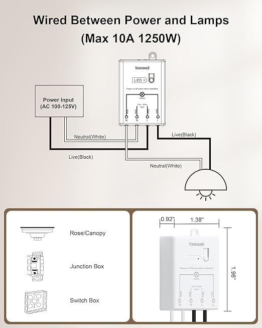 TREEWELL 3 Way Wireless Light Switch and Receiver Kit, Decorator Rocker Wall Switch, 200FT RF Range, No in-Wall Wiring Required, Programmable & Expandable for Ceiling Light, Fans, Lamps