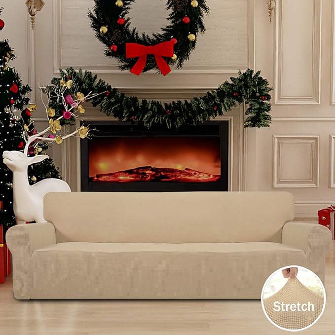 Easy-Going Stretch 4 Seater Sofa Slipcover 1-Piece Sofa Cover Furniture Protector Couch Soft with Elastic Bottom for Kids, Polyester Spandex Jacquard Fabric Small Checks Sand
