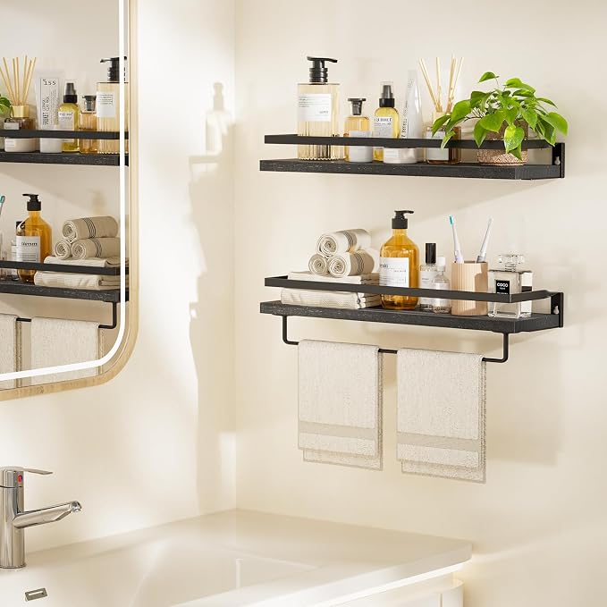 Amada Bathroom Shelves with Towel Bar, Protective Metal Guards, Paulownia Wood - Image 2