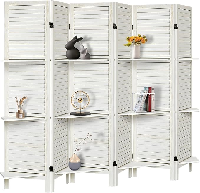 Room Divider with Shelves, 6 Panel White Privacy Screen | Partition Room by AMBITION+LAND