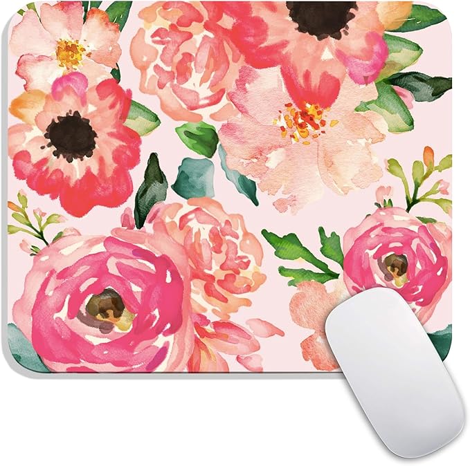 Armanza Square Mouse Pad Pink Watercolor Flower, Personalized Premium-Textured Custom Mouse Mat Design, Washable Mousepad Cloth, Non-Slip Rubber Base Computer Mouse Pads for Wireless Mouse