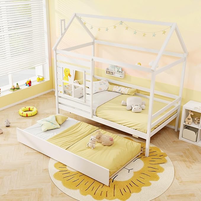 Giantex Twin House Bed with Trundle Bed Twin, Wooden Twin Bed Frames with Roof, Chimney & Window, Montessori House Bed with Safety Guardrails, House Trundle Bed for Kids, Boys, Girls, Teens (White)