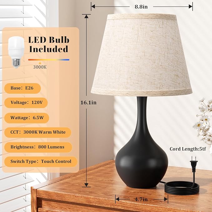 16.1" Touch Table Lamp for Nightstand, 3 Way Dimmable Small Bedroom Lamp | - Image 5