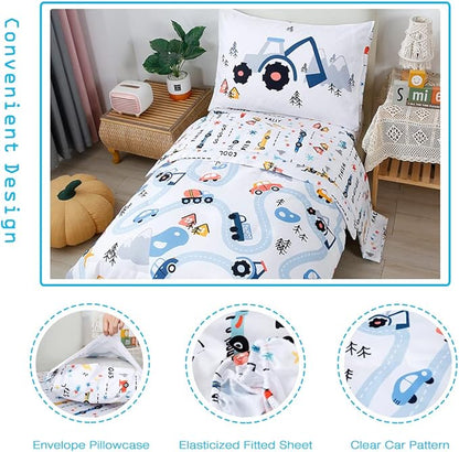 PERFEMET Car Toddler Bedding Kids 4 Pieces Bed in A Bag for Boys Vehicles Truck Toddler Girl Comforter Sets with Bed Sheets Modern Bedroom Collection, White