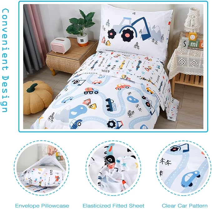 PERFEMET Cars Boys Comforter Set Twin Size 4 Pieces Reversible Truck Kids Bedding Set Soft Microfiber Vehicles Teen Boy Bed in a Bag with Sheets for All Season Use(White, Twin)