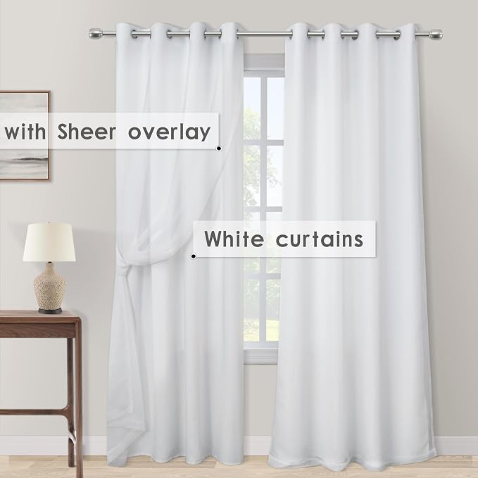 2 Panels Plain White Semi Blackout Curtains 84 Inches Long, Grommet No Non - Image 3