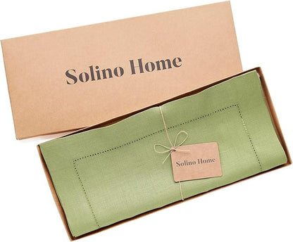 Solino Home Linen Moss Green Table Runner 120 Inches Long - 100% Pure Linen Hemstitch 14 x 120 Inch Table Runner for Dining, Winter - Classic Hemstitch