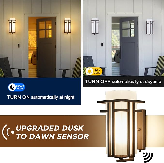 EERU Oil Rubbed Bronze Porch Light Dusk to Dawn Outdoor Sconce Matte Brown Wall Lantern with Frosted Glass Outside House Lighting Waterproof Exterior Light Fixture for Patio Yards Garage Front Door