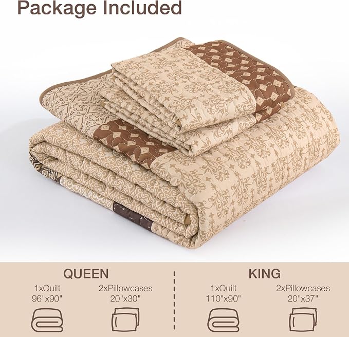 WONGS BEDDING Brown Stripe Quilt Set, 3 Pieces Boho Bedspread Queen Size | - Image 7