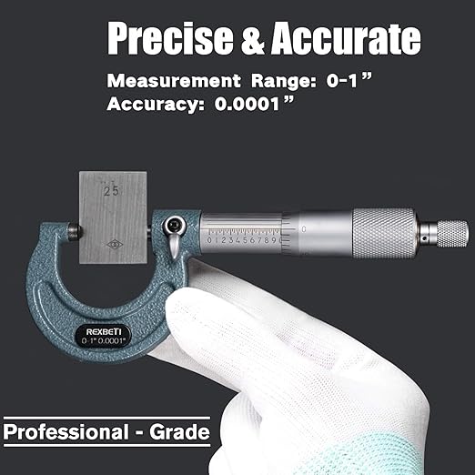 REXBETI Outside Micrometer, Ultra-Precision Carbide Tipped Measuring Tool Set, Ratchet Stop, 0-1" Range, 0.001" Graduation, +/-0.0001" Accuracy, Protective Case