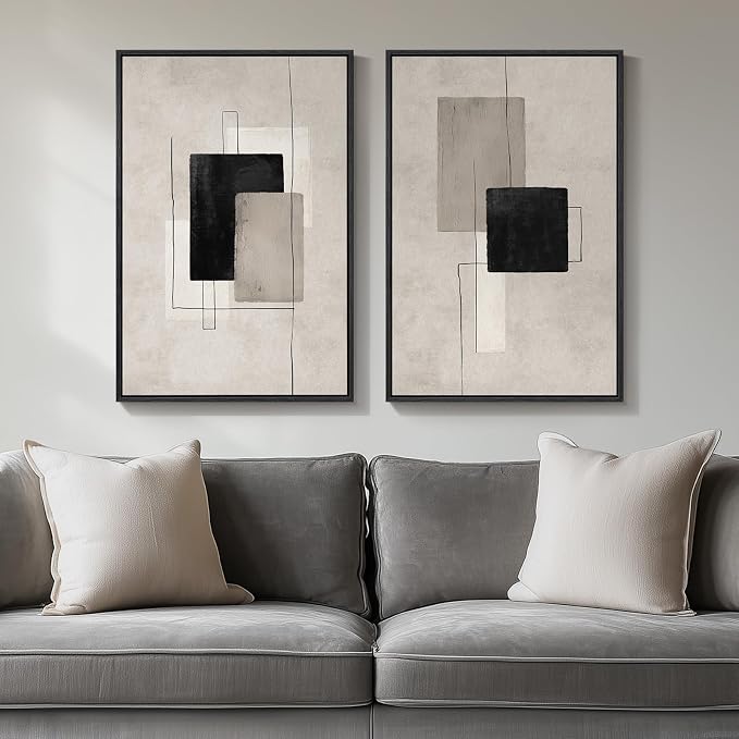 Framed Neutral Black Beige Abstract Wall Art Set of 2, Modern Minimalist Canvas by Cuspin