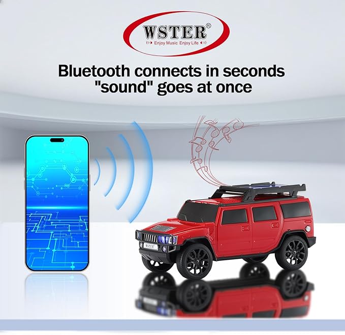 WSTER WS-696 Solar Bluetooth Replica Speaker – Portable Modern Off-Road Car Design with HD Sound, TWS, LED Party Light, USB/TF Playback, FM, Built-in Microphone, Surprise Gift(Red)