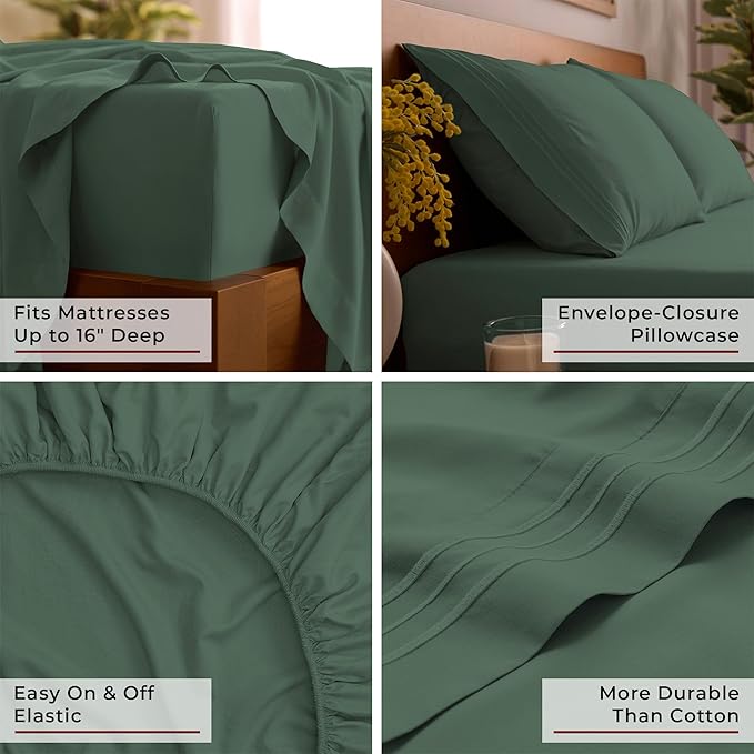 Mellanni King Sheet Set - 6-Piece Iconic Collection Bedding, (Including 4 Pillowcases), 16-Inch Deep Pocket, Easy Care, Extra Soft, Cooling Sheets, Brushed Microfiber - Emerald Green