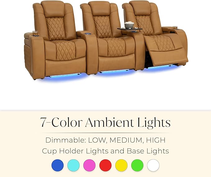 Seatcraft Diamante Zero-Gravity CoolZero Italian Leather Home Theater Seating, Power Headrest, Power Recline, Row of 3 Right Loveseat, Tan Oak