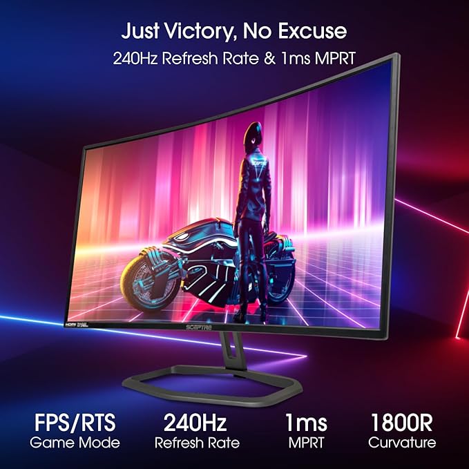 Sceptre Curved 32-Inch Gaming Monitor, 1920 × 1080, Up to 240+Hz, 1ms, 99% sRGB, AMD FreeSync Premium, Built-in Speakers, HDMI DisplayPort, Machine Black (C325B-FWD240 Series)