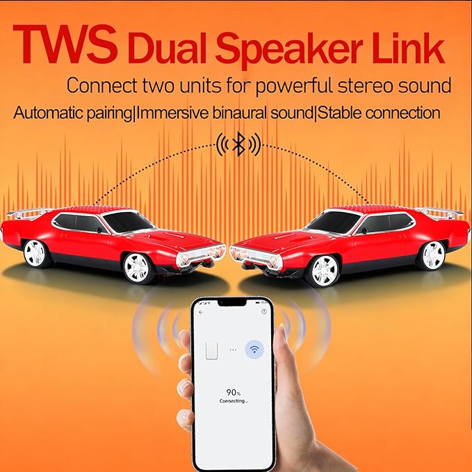 WSTER Retro Car Bluetooth Speaker with HD Stereo Sound, TWS Pairing, LED Party Lights, Built-in Microphone, Portable Wireless American Vintage-Style Bluetooth Speaker for Home, Office & Outdoor (Red)