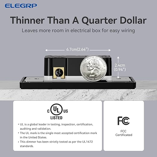 ELEGRP Dimmer Light Switch for 300W Dimmable LED/CFL Lights and 600W INC/HAL Bulbs, Single Pole/3-Way LED Slide Dimmer Light Switch, Wall Plate Included, UL Listed, 10 Pack, Matte Black