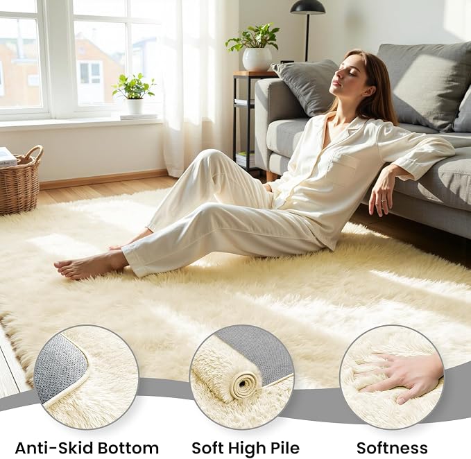5x8 Fluffy Area Rug for Living Room: Non-Slip Cream White Bedroom Carpet | - Image 5