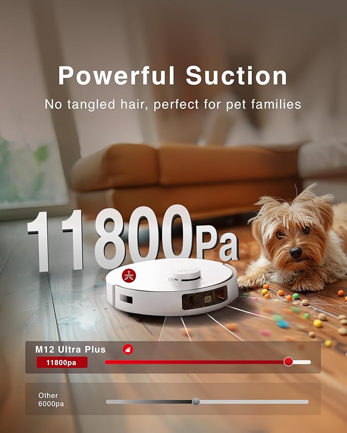 Yeedi M12 Ultra Plus Robot Vacuum & Mop – White Upgraded Version | 11800Pa Stronger Suction, ZeroTangle Hair-Free Brush, Includes 4 Dust Bags, Auto Hot-Water Mop Wash & Dry