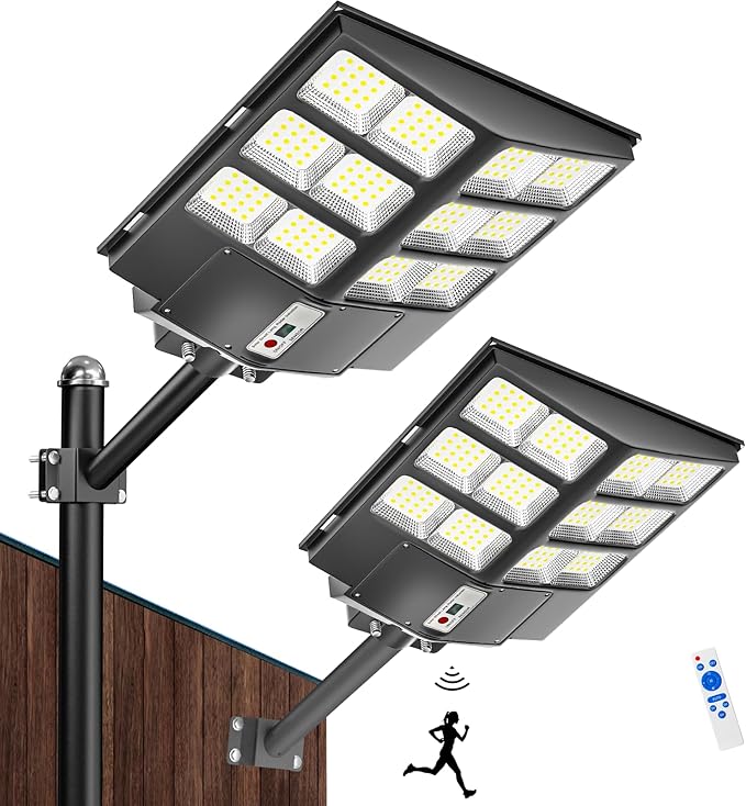 Ofuray Of-2000W Solar Street Lights Outdoor,200000LM Solar Security Flood Lights Parking Lot Lights Dusk to Dawn, 6500k Waterproof Led with Remote Control Motion for Street,Court,Barn 2Pcs