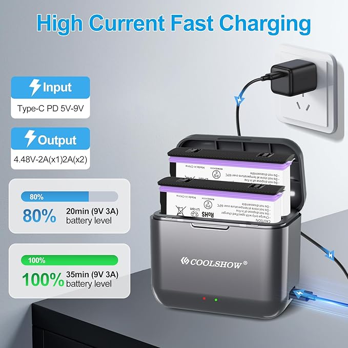 COOLSHOW 360 X5 Battery 2800mAh 2 Packs with Protection Case and Fast X5 Charger Hub Battery Storage Box Design Compatible with Insta360 X5 Camera